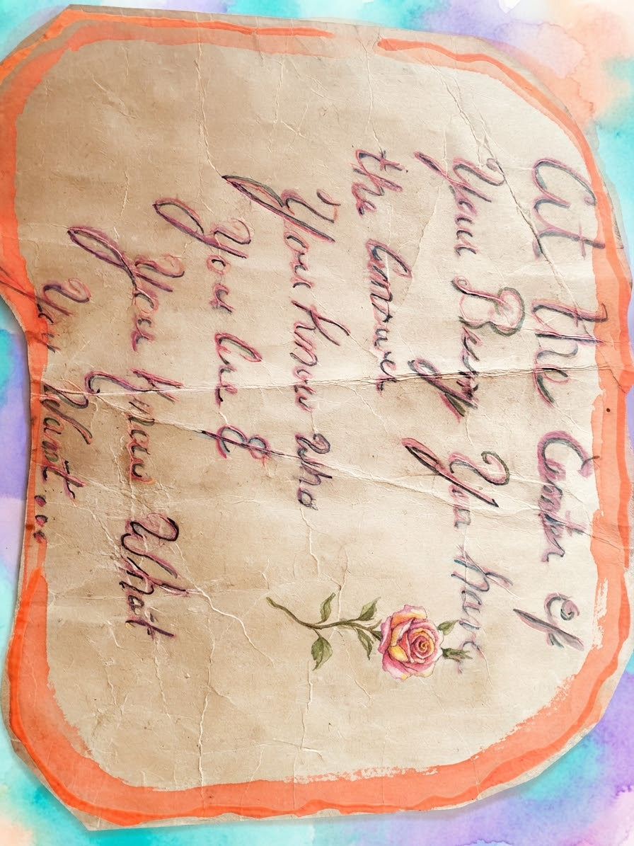 Handcrafted digital art print with cursive script, rose illustration and watercolor background