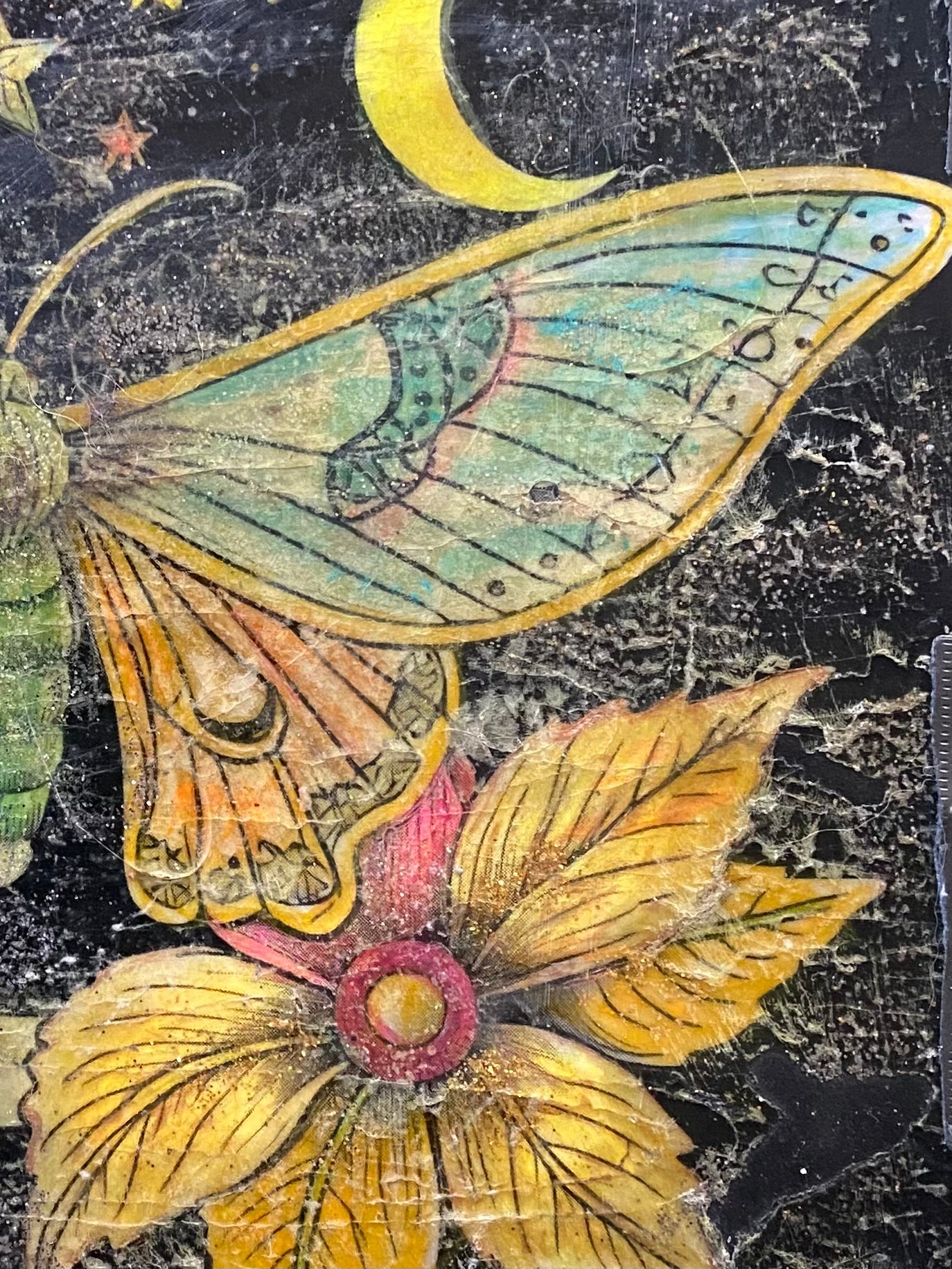 Full triptych view of celestial moth painting with crescent moon and stars