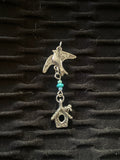 Pure silver bird and birdhouse pendant with genuine turquoise beads