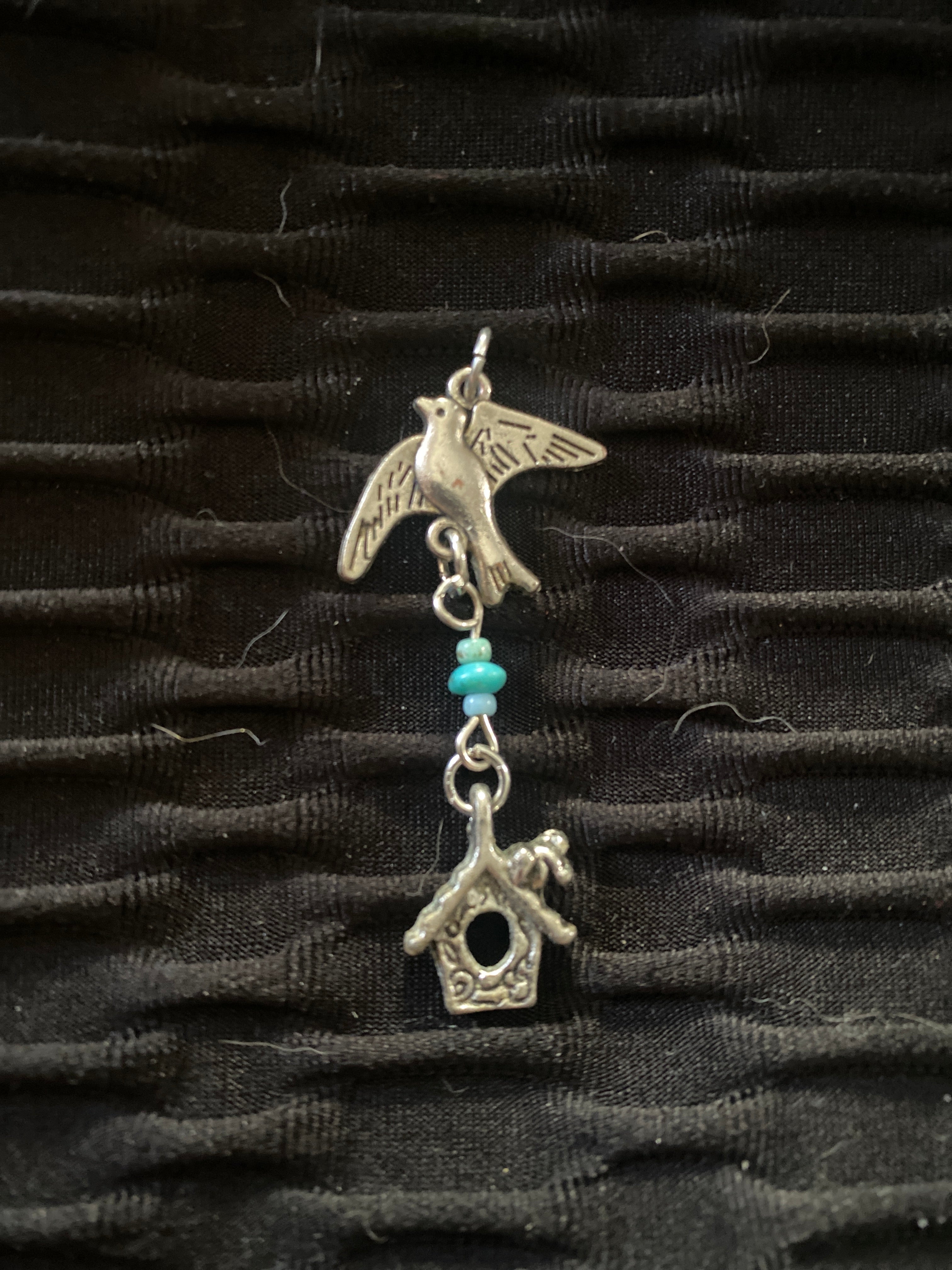 Pure silver bird and birdhouse pendant with genuine turquoise beads