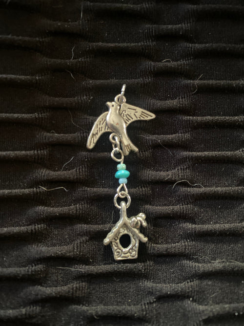 Pure silver bird and birdhouse pendant with genuine turquoise beads