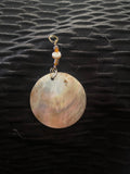 Handmade Mother of Pearl round disk pendant with brown glass and pearl beads