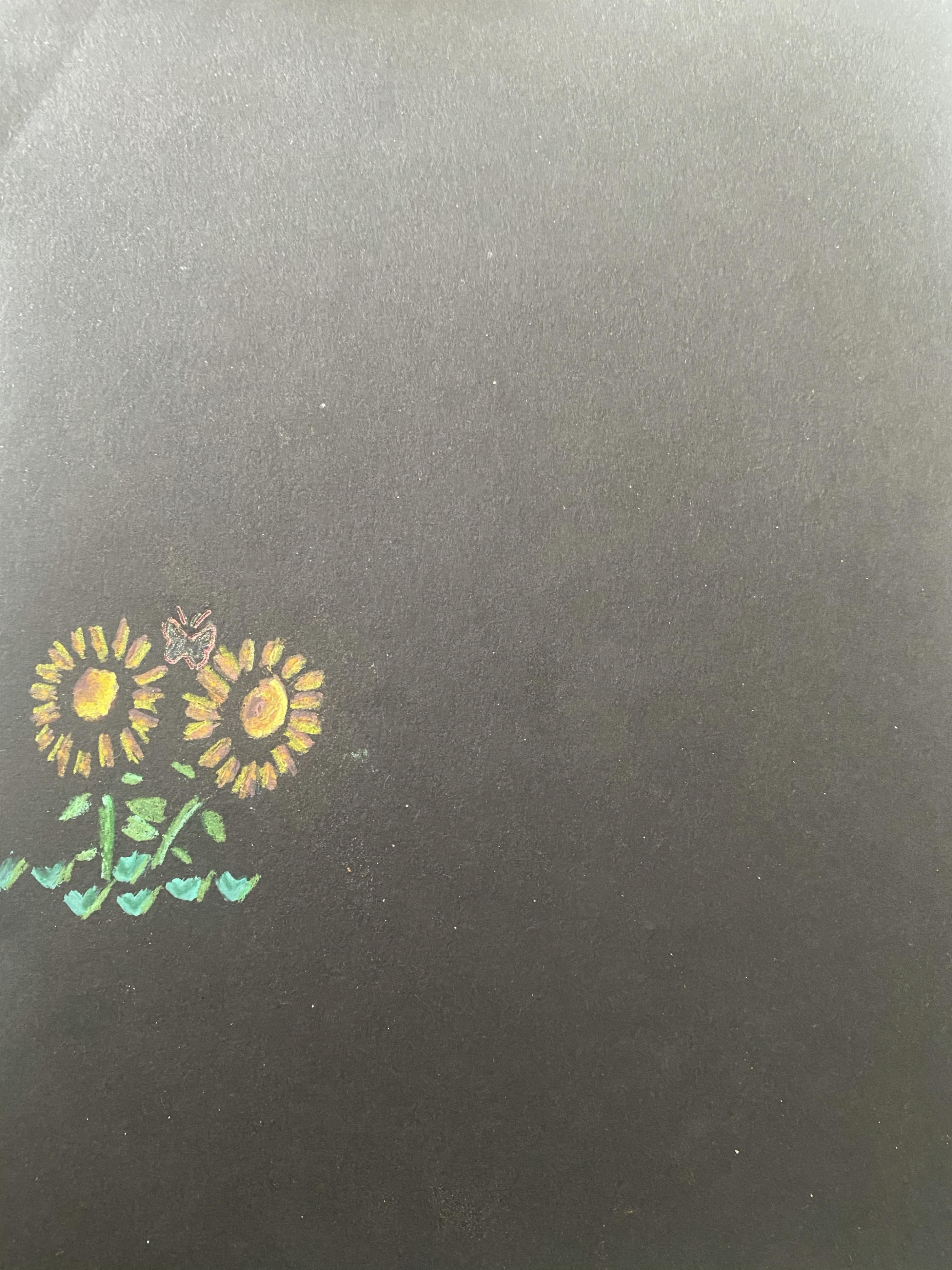 Two golden sunflowers with butterfly and green leaves on dark background chalk art print and stationery template
